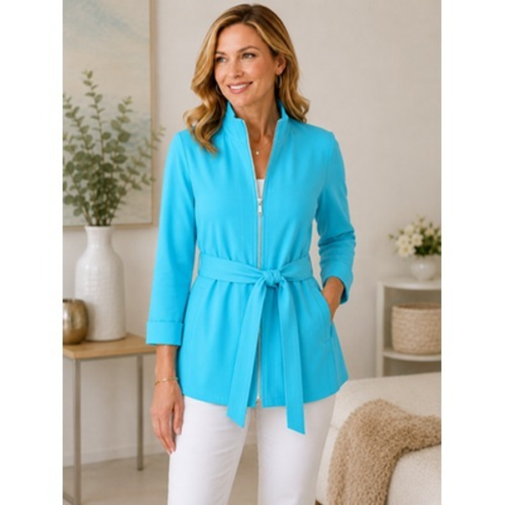 Renuar Shaping Jacket Aqua Zip‎ Front Belted Stretch Jacket Small NWT $168